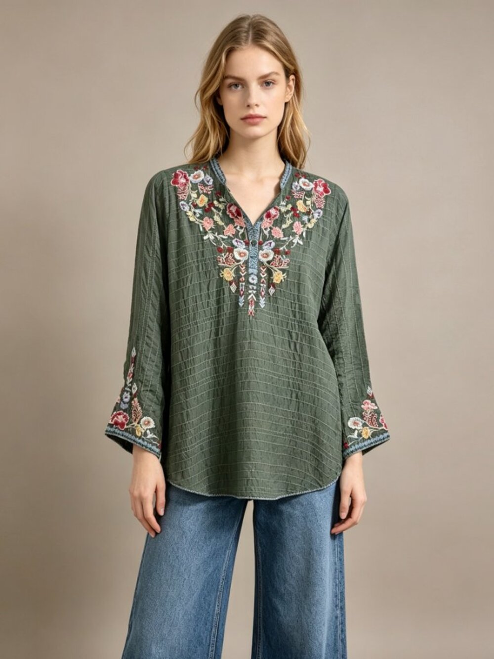 NWOT Johnny Was Biya Embroidered Green Floral Beaded Tunic Shirt Blouse Sz S